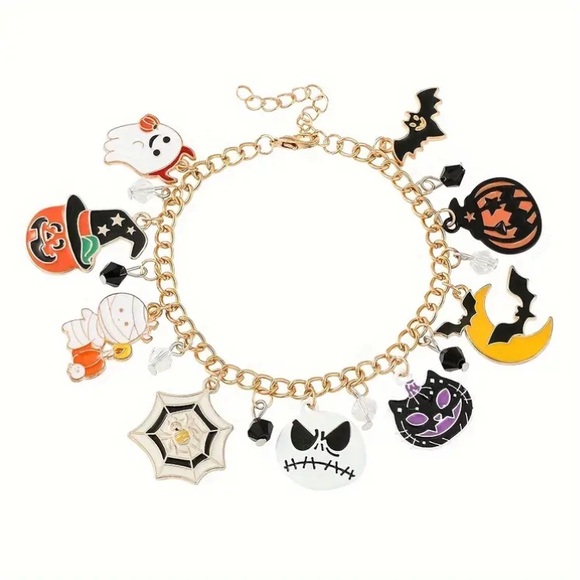 Jewelry - Halloween Pumpkin Ghost Bat Witch Skeleton Gold Tone Charm Bracelet